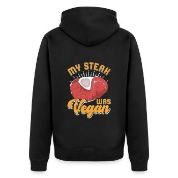 Fleischliebhaber MY STEAK WAS VEGAN Lustiges - Unisex Premium Bio Zip Hoodie - Schwarz - Hinten - Nico (187cm)