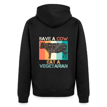 Meat Fan SAVE A COW EAT A VEGAN - Unisex Premium Organic Zip Hoodie - black - Back - Nico (187cm)