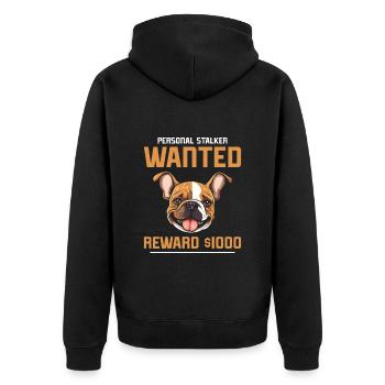 Französische Bulldogge WANTED REWARD 1000 Dollar - Unisex Premium Bio Zip Hoodie - Schwarz - Hinten - Nico (187cm)