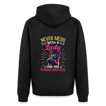 Besitzer NEVER MESS WITH A LADY AND HER SHEPHERD - Unisex Premium Bio Zip Hoodie - Schwarz - Hinten - Nico (187cm)