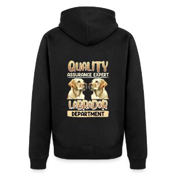 Labrador Hund QUALITY LABRADOR DEPARTMENT Lustig - Unisex Premium Bio Zip Hoodie - Schwarz - Hinten - Nico (187cm)