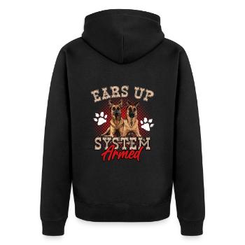 Belgischer Schäferhund EARS UP SYSTEM ARMED Lustig - Unisex Premium Bio Zip Hoodie - Schwarz - Hinten - Nico (187cm)