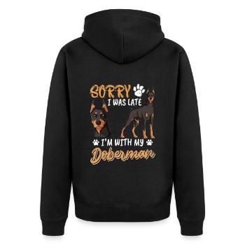 Doberman SPÄT? DER DOBERMAN IST SCHULD Lustiges - Unisex Premium Bio Zip Hoodie - Schwarz - Hinten - Nico (187cm)