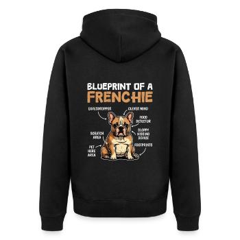 Französische Bulldogge Blueprint of a Frenchie - Unisex Premium Bio Zip Hoodie - Schwarz - Hinten - Nico (187cm)