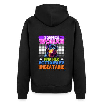 Rottie SENIOR WOMAN AND HER ROTTWEILER UNBEATABLE - Unisex Premium Organic Zip Hoodie - black - Back - Nico (187cm)