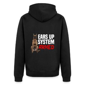 Belgischer Schäferhund EARS UP SYSTEM ARMED - Unisex Premium Bio Zip Hoodie - Schwarz - Hinten - Nico (187cm)