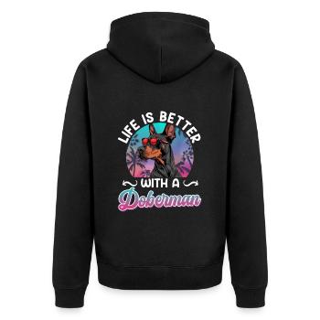 Doberman owner LIFE IS BETTER WITH A DOBERMAN - Unisex Premium Organic Zip Hoodie - black - Back - Nico (187cm)
