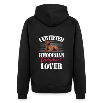 Ridgeback Besitzer RHODESIAN RIDGEBACK LIEBHABER - Unisex Premium Bio Zip Hoodie - Schwarz - Hinten - Nico (187cm)