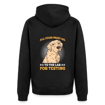 Labrador ALL FOOD MUST GO TO LAB FOR TESTING - Unisex Premium Bio Zip Hoodie - Schwarz - Hinten - Nico (187cm)