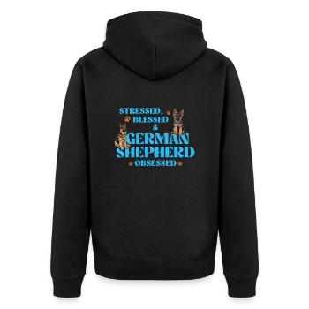 GERMAN SHEPHERD OBSESSED STRESSED Lustig - Unisex Premium Bio Zip Hoodie - Schwarz - Hinten - Nico (187cm)