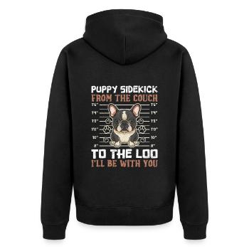 Frenchi Puppy Sidekick from the Couch Lustiges - Unisex Premium Bio Zip Hoodie - Schwarz - Hinten - Nico (187cm)