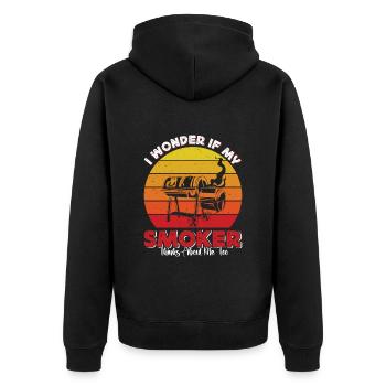 Grillfest I WONDER IF MY SMOKER THINKS ABOUT ME - Unisex Premium Bio Zip Hoodie - Schwarz - Hinten - Nico (187cm)