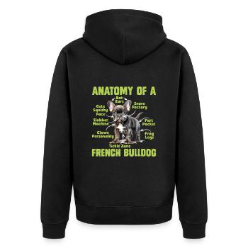 Anatomy of a FRENCH BULLDOG Lustiges Frenchie - Unisex Premium Bio Zip Hoodie - Schwarz - Hinten - Nico (187cm)