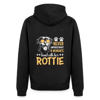 Rottweiler NEVER UNDERESTIMATE A WOMEN'S BOND WITH - Unisex Premium Bio Zip Hoodie - Schwarz - Hinten - Nico (187cm)
