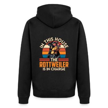 Rottie Owner IN THIS HOUSE THE ROTTWEILER - Unisex Premium Organic Zip Hoodie - black - Back - Nico (187cm)