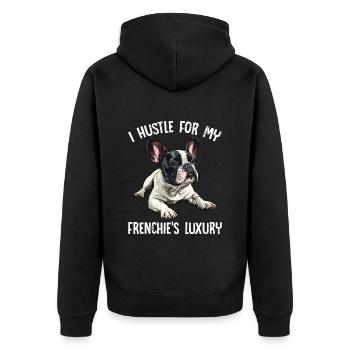 Frenchie Besitzer Hustle for my Frenchie's LUXURY - Unisex Premium Bio Zip Hoodie - Schwarz - Hinten - Nico (187cm)
