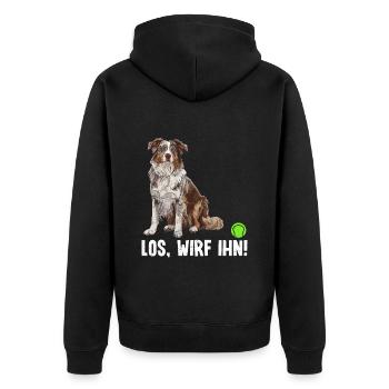 Australian Shepherd LOS, WIRF IHN! Lustiges - Unisex Premium Bio Zip Hoodie - Schwarz - Hinten - Nico (187cm)