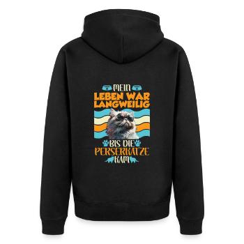 Perserkatzen MEIN LEBEN WAR LANGEWEILIG BIS ZUR - Unisex Premium Bio Zip Hoodie - Schwarz - Hinten - Nico (187cm)