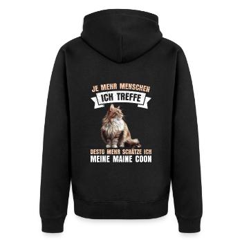 Maine Coon JE MEHR MENSCHEN ICH TREFFE SCHÄTZE - Unisex Premium Bio Zip Hoodie - Schwarz - Hinten - Nico (187cm)