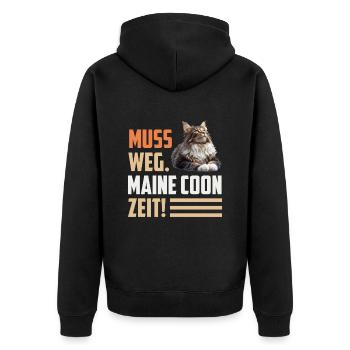 Maine Coon MUSS WEG. MAINE COON ZEIT! Lustiges - Unisex Premium Bio Zip Hoodie - Schwarz - Hinten - Nico (187cm)