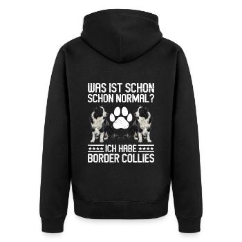 Border Collie WAS IST SCHON NORMAL? HABE BORDER - Unisex Premium Bio Zip Hoodie - Schwarz - Hinten - Nico (187cm)