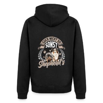 Australian Shepherd GUCK NICHT SO SONST SHEPHERD'S - Unisex Premium Bio Zip Hoodie - Schwarz - Hinten - Nico (187cm)