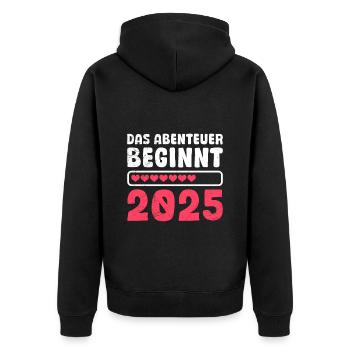 Werdende Mama DAS ABENTEUER BEGINNT 2025 ZUKÜNFTIG - Unisex Premium Bio Zip Hoodie - Schwarz - Hinten - Nico (187cm)