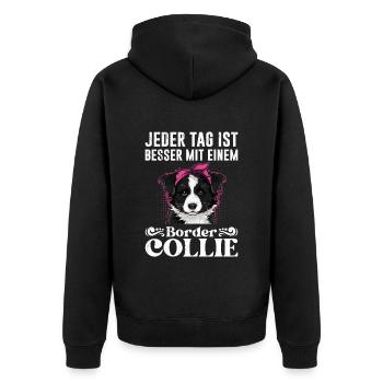 Border Collie JEDER TAG IST BESSER MIT BORDER - Unisex Premium Bio Zip Hoodie - Schwarz - Hinten - Nico (187cm)