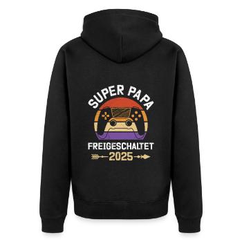 Werdender Vater SUPER PAPA FREIGESCHALTET - Unisex Premium Bio Zip Hoodie - Schwarz - Hinten - Nico (187cm)