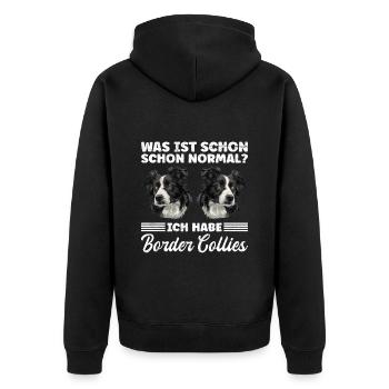 Border Collie WAS IST SCHON NORMAL? HABE BORDER - Unisex Premium Bio Zip Hoodie - Schwarz - Hinten - Nico (187cm)