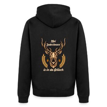 Münchner Volksfest MEI LEDERHOSEN IS IN DA WÄSCH - Unisex Premium Bio Zip Hoodie - Schwarz - Hinten - Nico (187cm)