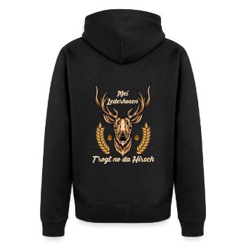 Münchner Volksfest MEI LEDERHOSEN TRAGT NO DA - Unisex Premium Bio Zip Hoodie - Schwarz - Hinten - Nico (187cm)