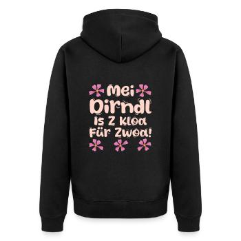 Dirndl MEI DIRNDL IS Z'KLOA FÜR ZWOA Lustiges - Unisex Premium Organic Zip Hoodie - black - Back - Nico (187cm)