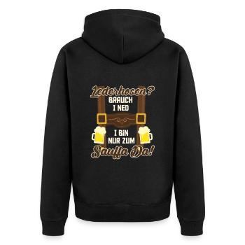 LEDERHOSEN? BRAUCH I NED I BIN NUR ZUM SAUFFA DA - Unisex Premium Bio Zip Hoodie - Schwarz - Hinten - Nico (187cm)