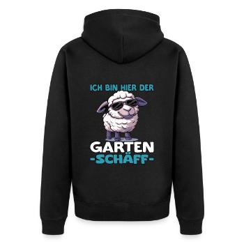 Ich bin hier der Garten Schäff | Chef Gärtner - Unisex Premium Bio Zip Hoodie - Schwarz - Hinten - Nico (187cm)