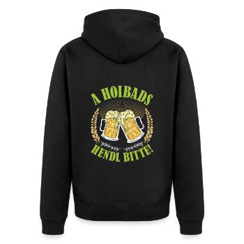 Münchner Volksfest A HOIBADS HENDL BITTE - Unisex Premium Bio Zip Hoodie - Schwarz - Hinten - Nico (187cm)