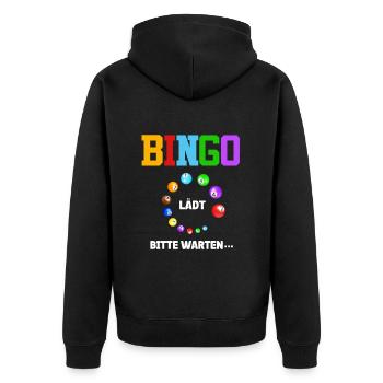 BINGO LÄDT BITTE WARTEN... Lustiges Bingospieler - Unisex Premium Bio Zip Hoodie - Schwarz - Hinten - Nico (187cm)
