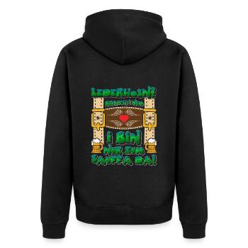 LEDERHOSEN? BRAUCH I NED I BIN NUR ZUM SAUFFA DA - Unisex Premium Bio Zip Hoodie - Schwarz - Hinten - Nico (187cm)