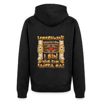 LEDERHOSEN? BRAUCH I NED I BIN NUR ZUM SAUFFA DA - Unisex Premium Bio Zip Hoodie - Schwarz - Hinten - Nico (187cm)