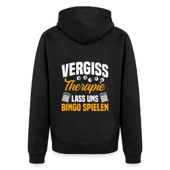 Bingospieler VERGISS DIE THERAPIE LASS UNS BINGO - Unisex Premium Bio Zip Hoodie - Schwarz - Hinten - Nico (187cm)