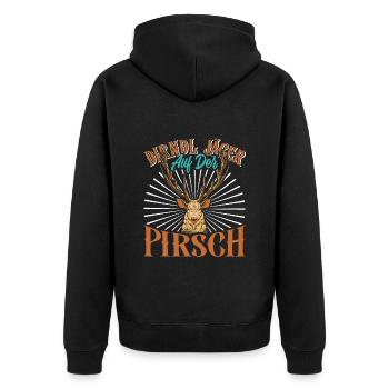 DIRNDL JÄGER AUF DER PIRSCH Lederhosen Herren - Unisex Premium Bio Zip Hoodie - Schwarz - Hinten - Nico (187cm)