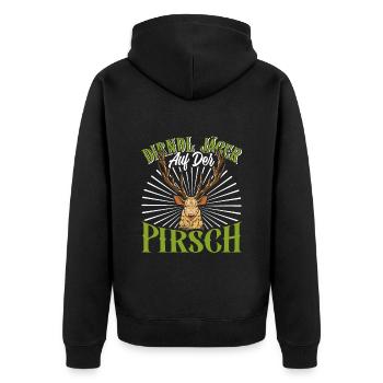 DIRNDL JÄGER AUF DER PIRSCH Lederhosen Herren - Unisex Premium Bio Zip Hoodie - Schwarz - Hinten - Nico (187cm)