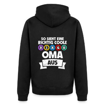 Bingospielerin SO SIEHT EINE COOLE BINGO OMA AUS - Unisex Premium Bio Zip Hoodie - Schwarz - Hinten - Nico (187cm)