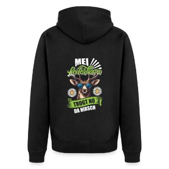 Münchner Volksfest MEI LEDERHOSEN TRAGT NO DA - Unisex Premium Bio Zip Hoodie - Schwarz - Hinten - Nico (187cm)