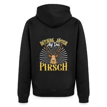 DIRNDL JÄGER AUF DER PIRSCH Lederhosen Herren - Unisex Premium Bio Zip Hoodie - Schwarz - Hinten - Nico (187cm)