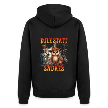 Halloween Kostüm EULE STATT SAURES Lustiges - Unisex Premium Bio Zip Hoodie - Schwarz - Hinten - Nico (187cm)