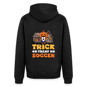 Halloween TRICK OR TREAT OR SOCCER Fußballspieler - Unisex Premium Bio Zip Hoodie - Schwarz - Hinten - Nico (187cm)