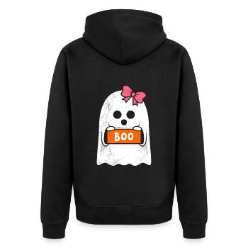 Halloween Kostüm Kinder HUI Lustiges Gespenster - Unisex Premium Bio Zip Hoodie - Schwarz - Hinten - Nico (187cm)