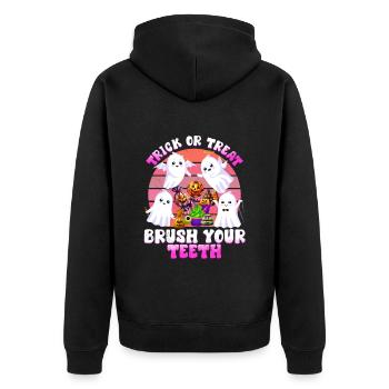 Fête d’Halloween TRICK OR TREAT BROSSEZ-VOUS LES DENTS - Veste à capuche bio Premium Unisexe - noir - Dos - Nico (187cm)