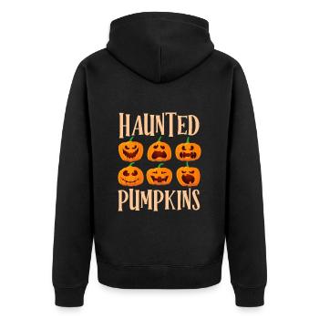 Halloween Kostüm Kinder HAUNTED PUMPKINS Lustig - Unisex Premium Bio Zip Hoodie - Schwarz - Hinten - Nico (187cm)